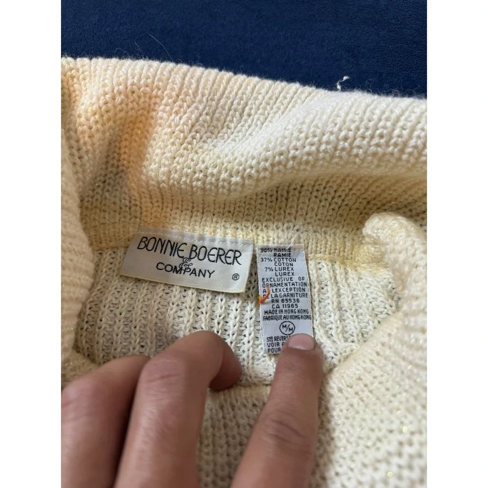 Vtg Bonnie Boerer & Co Knitted Cream Sweater Womens M Ivory Metallic Applique